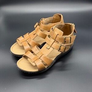 Clarks Collection Womens Tan Leather Gladiator Sandals Buckle Zip Comfort Size 8